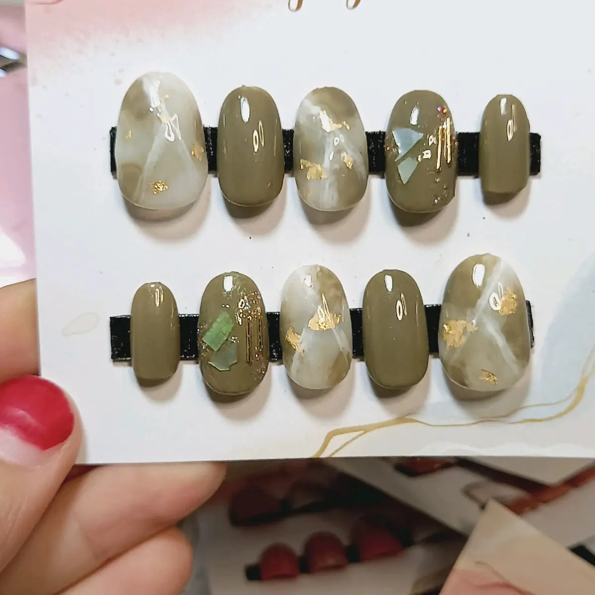 press on nails kuku palsu hijau marble oval pendek