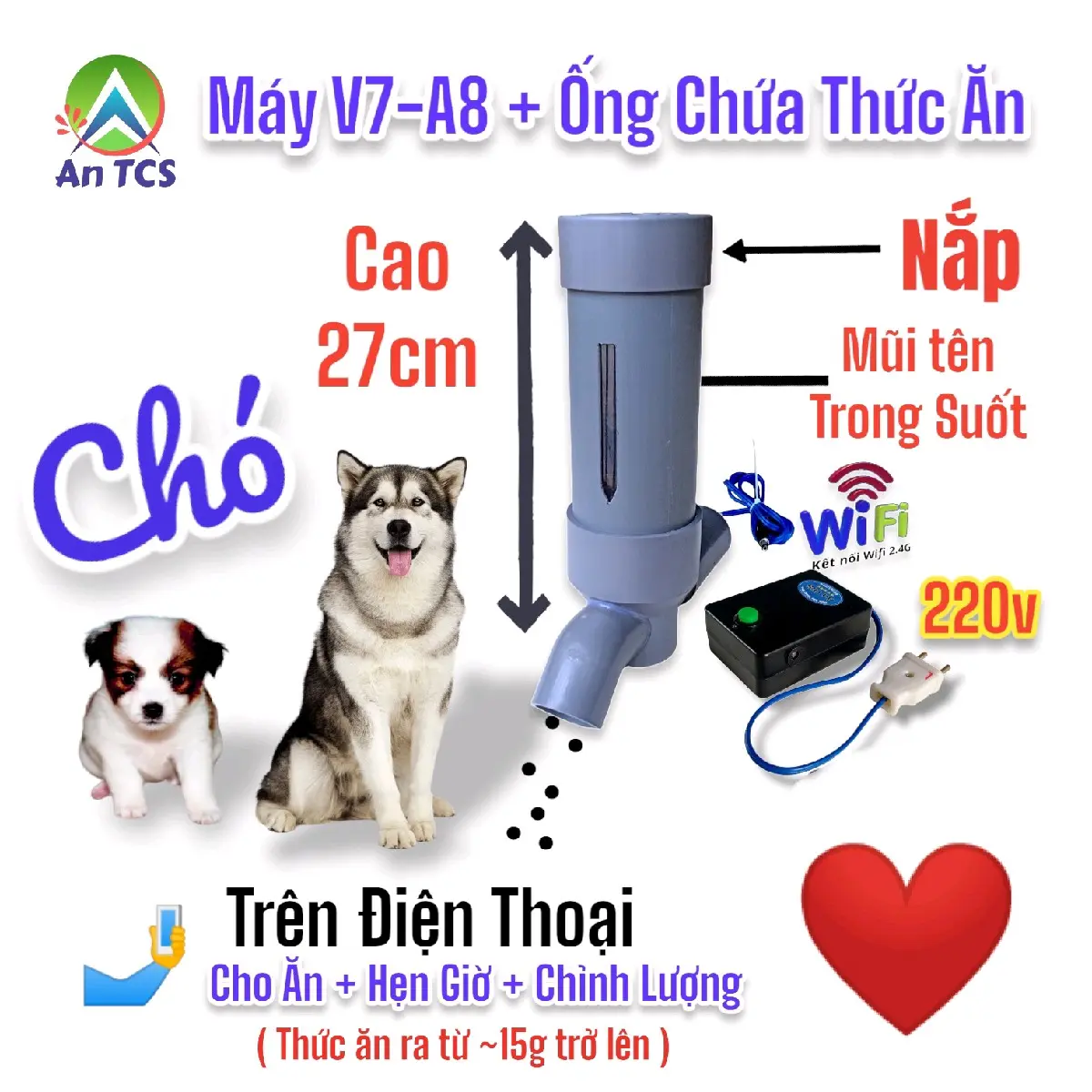 Máy cho Chó ăn trên điện thoại V7-A8 có ống chứa Thức Ăn ( Antcs )