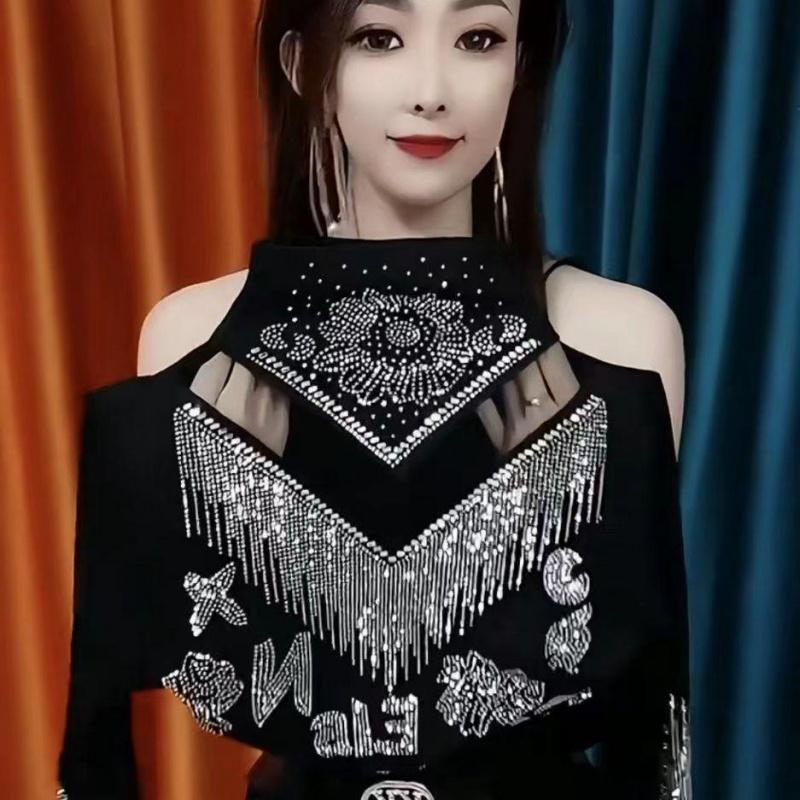 Áo Cánh Kim Sa đính đá Cao Cấp, Thời Trang Nữ Mùa Thu Đông, Áo Thun Ôm Sát, Ngoại Cỡ, Đáy Lấp Lánh, Thích Hợp Cho Quần Áo Nữ