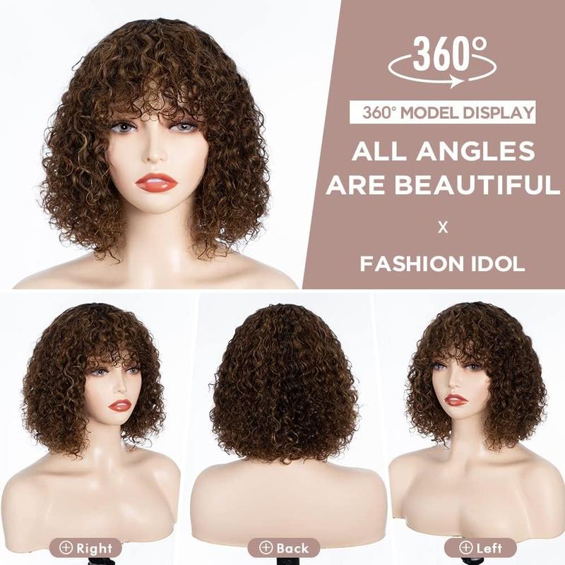Local shipping-Fashion Idol Bob Curly Human Hair Wigs with Bangs Jerry Curl Bob Wigs Human Hair Brazilian Virgin Human Hair None Lace Front Wigs for Women Machine Made Black Wigs 10Inch 8