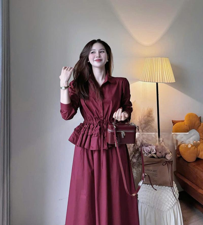 Product Introduction of Sét váy thiết kế nữ công sở thanh lịch gu trưởng thàng sét áo sơ mi cách điệu rút dây eo phối chân váy dáng dài xinh như nàng thơ 2