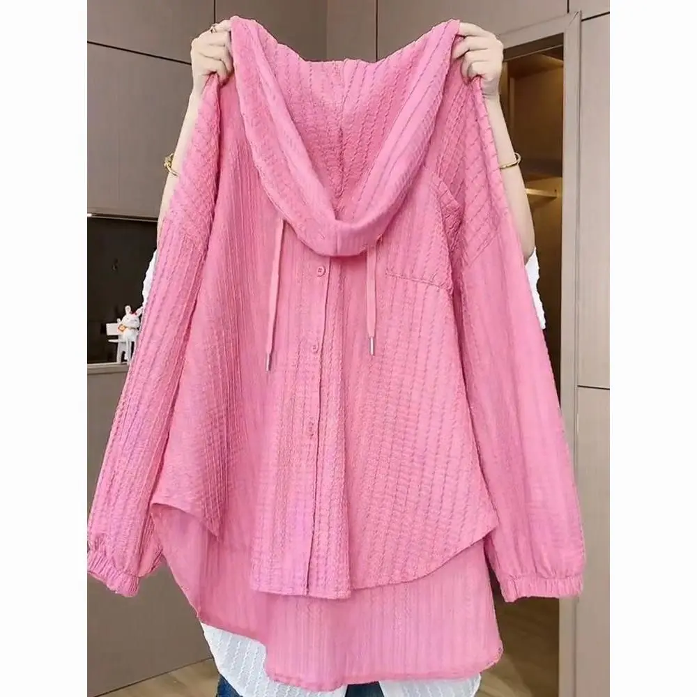 Quần Áo Chống Nắng, Cỡ Cực Lớn (150,00kg), Màu Hồng, Dài Tay, Dành Cho Cô Gái Béo Của Phụ Nữ, Dễ Phối Đồ Dài Trung Bình Dáng Rộng Rãi, Áo Cardigan Có Mũ Trùm Đầu, Áo Khoác Mỏng