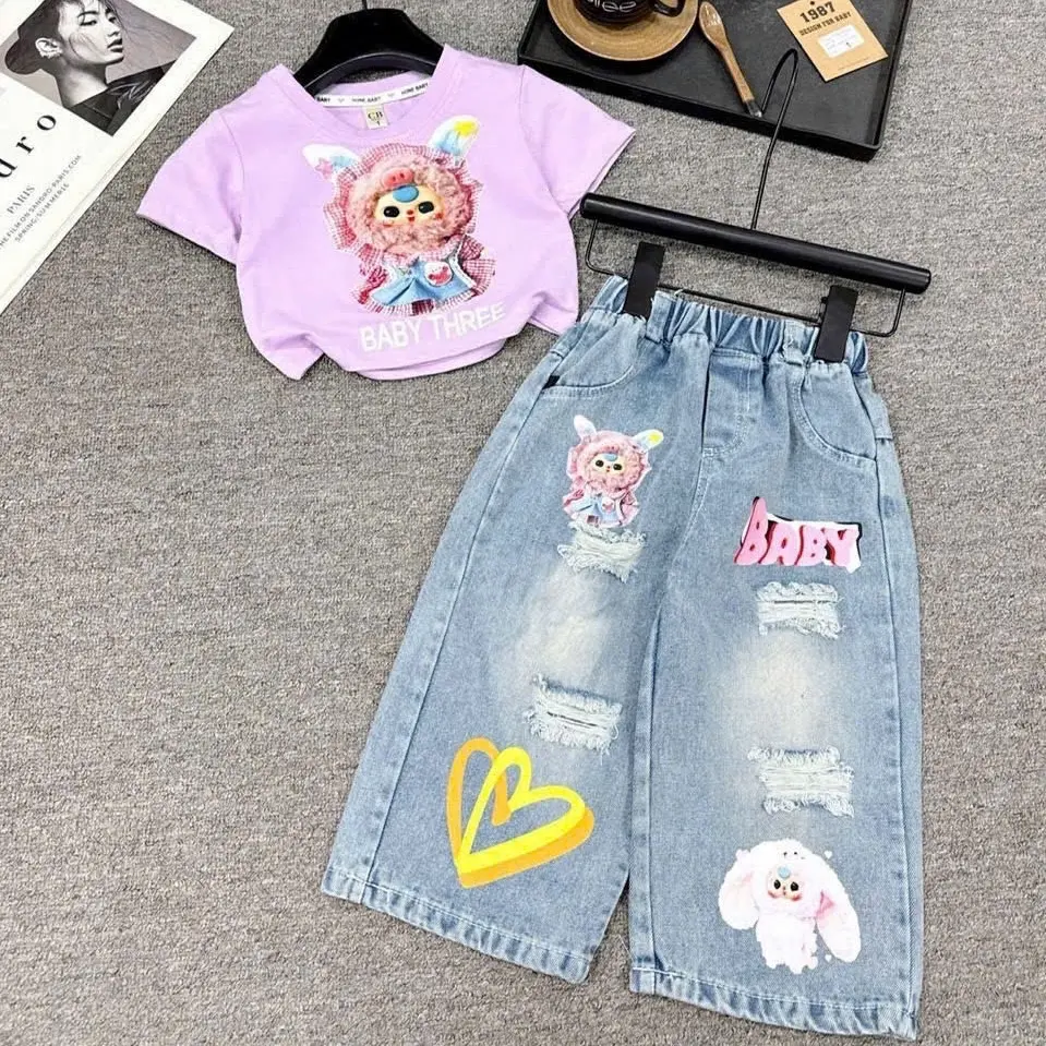 10-30kg set quần suông áo baby three , set bộ jean cho bé gái