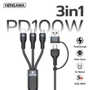Hensawa 3in1 สายชาร์จเร็ว PD 100W USB+TYPEC to iP+TypeC+Micro รุ่น US23 Smart Chip สายถัก ทนทาน Fast Charge Cable & Sync ชาร์จพร้อมกันได้