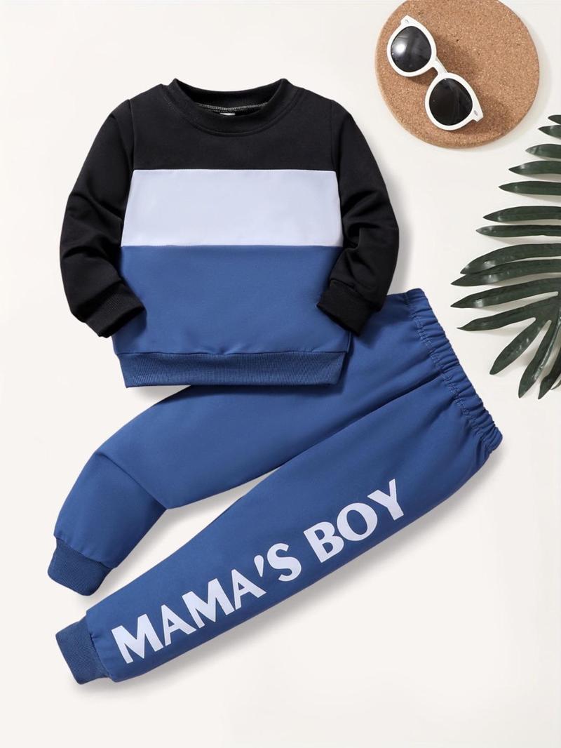 Product Introduction of Toddler Boy's Colorblock Pants Set, Casual Long Sleeve Sweatshirt & Letter Print Pants for Kids, Kids Outfits for Fall & Winter Daily Wear Outdoor 1