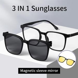 3 In 1 Sunglasses Magnetic Adsorption Clip Lens Night Vision Men Polarized Square Frame Spectacles