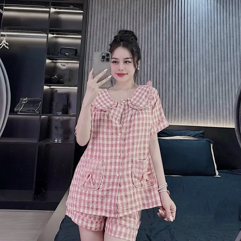 bộ ngủ pijama nữ mùa hè mặc nhà dễ thương  tiểu thư nữ quần đùi áo cộc đũi gân nhung sz(40-58) 1