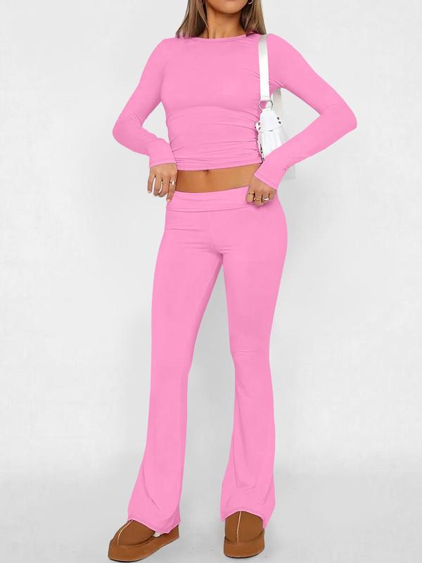 Two-piece Set Women's Solid Long Sleeve Crop Top & Flare Leg Pants, Casual Fashion Cozy Round Neck Top & Bell Bottom Trousers for Daily Outdoor Wear, Women's Lounge Clothing for Summer, Two Piece Set Women 0