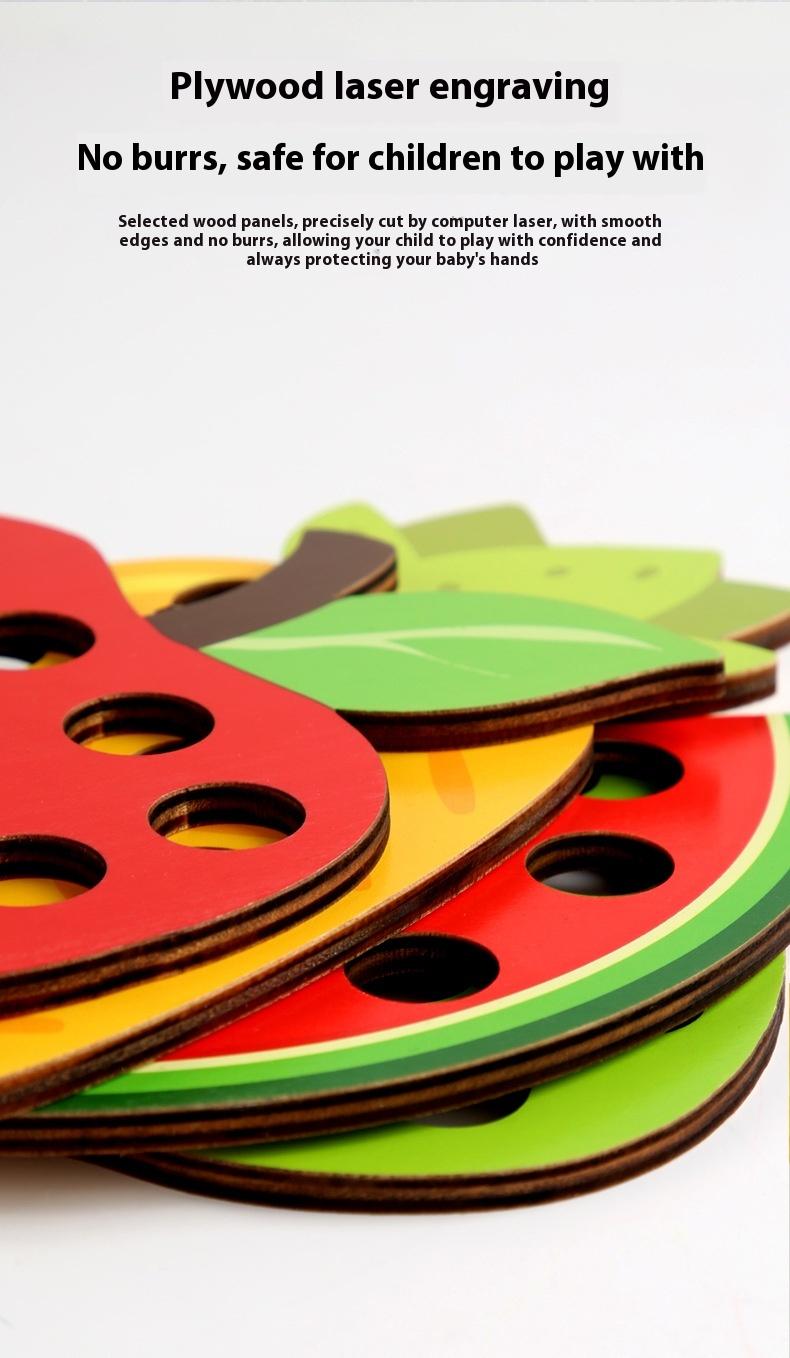 Product Introduction of Wooden Fruit Threading Board Toy Kindergarten Area Put Montessori Early Education String Game 7