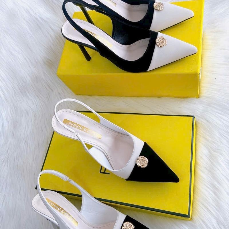  Giày cao gót đẹp 8p giày nữ quai hậu mũi nhọn khoá hoa da nỉ nhung siêu bền đẹp DéP Shoes 