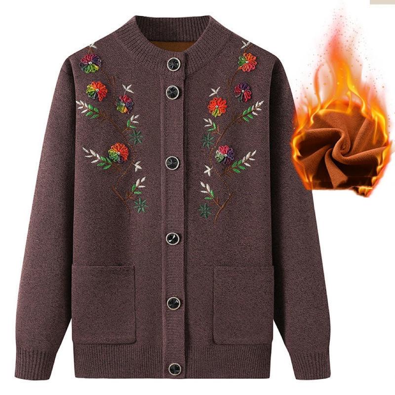 Áo khoác len lót lông dày ấm cho bà cho mẹ, áo khoác trung niên cổ tròn thêu hoa cao cấp, áo len trung niên nữ, áo khoác len cardigan trung tuổi, áo len ấm cho người già top Women Dài Tay