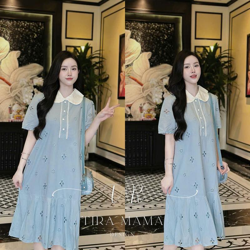 [Tira Mama Design]Váy bầu V1972 Đầm bầu ngắn tay thô boi cổ đức viền ren