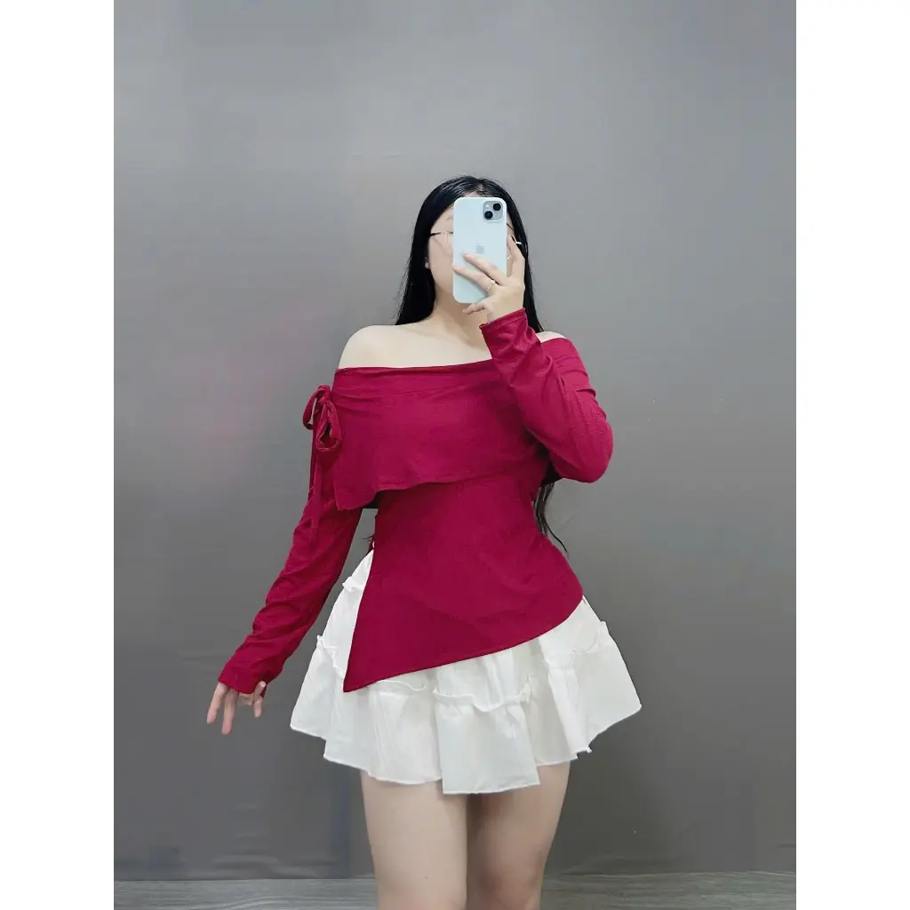 Set Bộ Trễ Vai Tiểu Thư Bigsze Nữ Tay Dài Buộc Nơ Sành Điệu Chất Tăm Mềm Mịn Phối Váy Ngắn Xòe Tầng Lưng Cao Vải Xốp Đũi SET942  Nhung Women set  dodientet Áo Kem