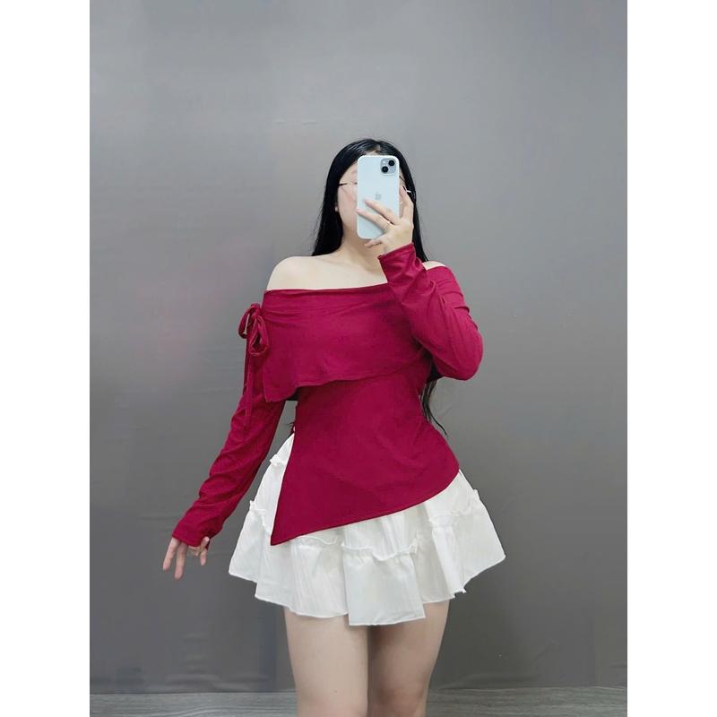 Set Bộ Trễ Vai Tiểu Thư Bigsze Nữ Tay Dài Buộc Nơ Sành Điệu Chất Tăm Mềm Mịn Phối Váy Ngắn Xòe Tầng Lưng Cao Vải Xốp Đũi SET942 Nhung Women set dodientet Áo Kem