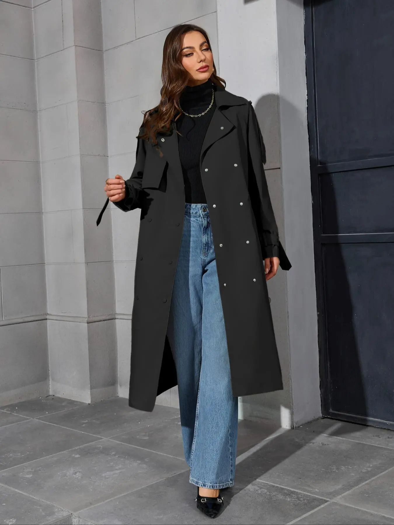 Women's Solid Color Button Front Belted Coat, Casual Long Sleeve Lapel Neckline Trench Coat for Fall & Winter, Women's Clothing for Daily Wear, Coats for Women