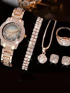 Women's Elegant Rhinestone Decorated Quartz Watch & Stud Earrings & Ring & Pendant Necklace & Bracelet, Fashionable Watch Set As Gift without Box