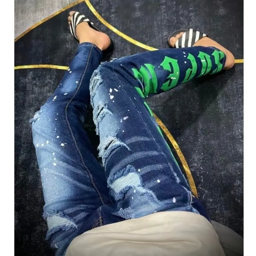 Quần jean nam DSQ xanh bản 4 cúc in chữ mặt sau form slimfit ống đứng co giãn cao cấp Menswear Cotton Pants