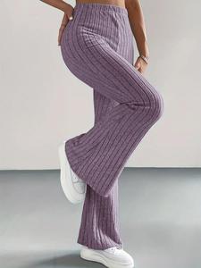 Women's Solid Ribbed Flare Leg Sweater Pants, Casual Comfy High Waist Bell Bottom Knit Trousers for Spring & Fall, Fashion Women's Knitwear for Daily Wear