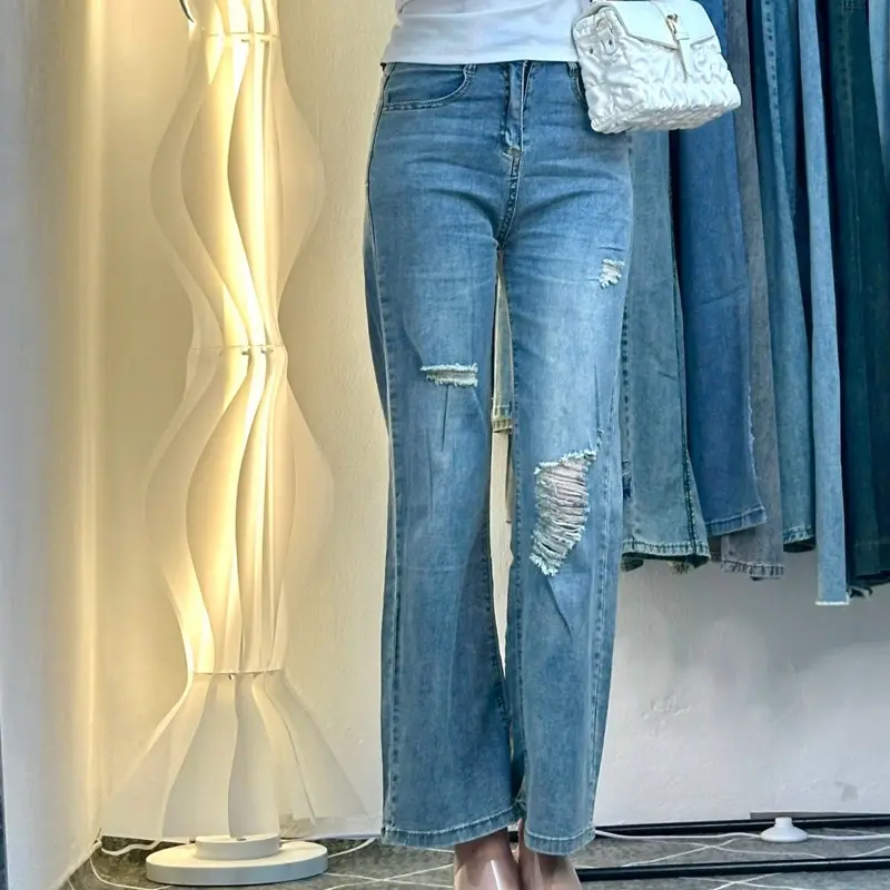 Quần jeans nữ cạp cao ống suông rách hàng QC