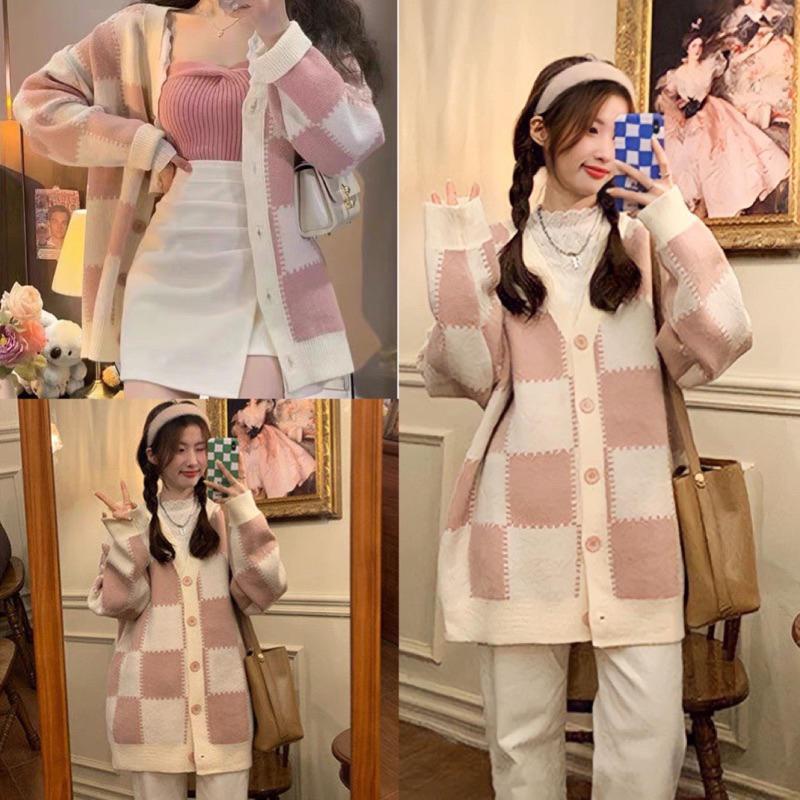 Áo khoác cardigan nỉ bông kẻ caro hồng trắng form rộng dài tay cổ v khuy cài hàn quốc, Áo cardigan nữ dài ulzzang, TOM STORE