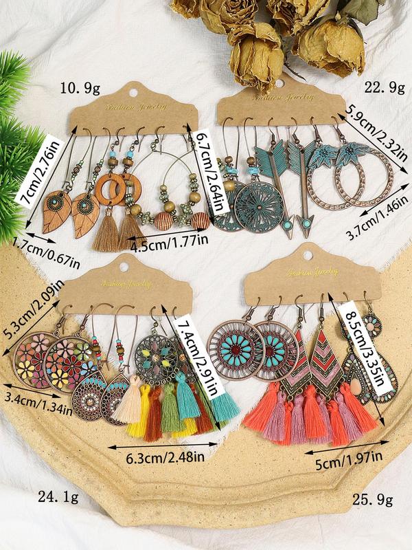 Boho Style Dangle Earrings Set for Women Girls, 12 Pairs Retro Style Hollow Pattern Flower & Leaf & Water Drop & Tassel Design Dangle Earrings, Fashion Jewelry, Exquisite Gifts 1