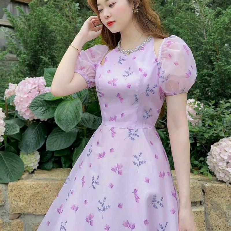 Đầm voan hoa cổ cườm tay phồng (free size eo dưới 72cm) đầm nữ đi tiệc đi chơi 2