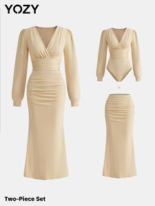 YOZY Women's Solid Ruched Wrap V Neck Bodysuit & Skirt Two-piece Set, Casual Puff Sleeve Bodysuit & Long Skirt for Daily Wear, Ladies Clothes for All Seasons