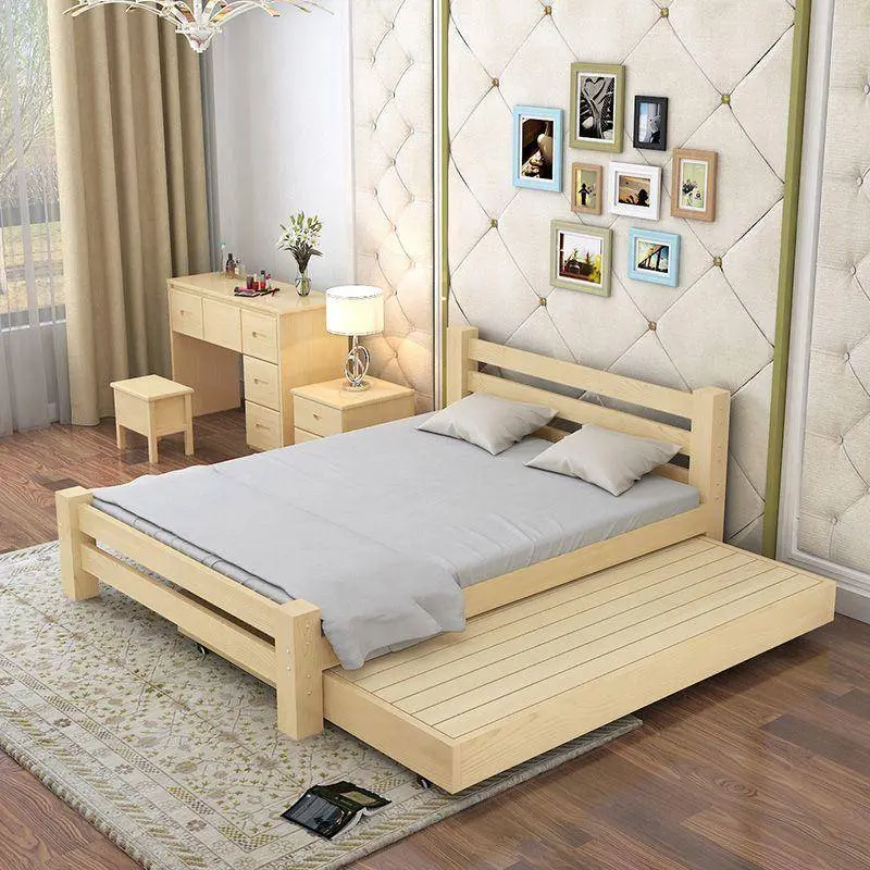Solid wood bed, simple bed, double occupancy, 1x1.8 meters, rental room, mother bed, mountain bottom sliding and pulling bed, telescopic tatami