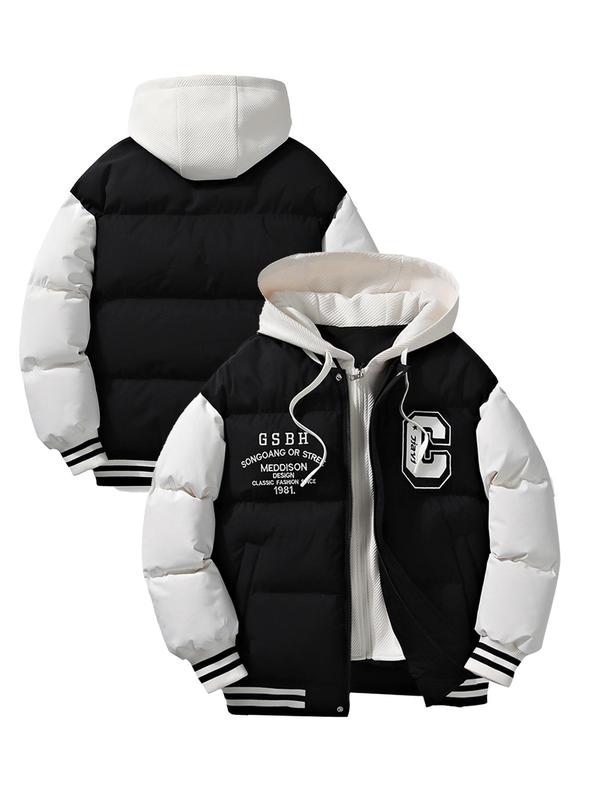 Men's Colorblock Letter Embroidery 2 in 1 Zip Up Hooded Jacket, Regular Fit Casual Pocket Drawstring Long Sleeve Outerwear for Fall & Winter, Men's Clothes for Daily Wear 2