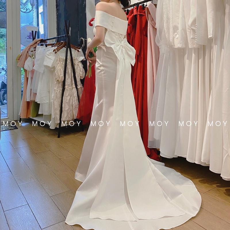 Váy body cúp đuôi cá bệt vai nơ đan lưng- Váy cưới, đầm cưới thiết kế đi bàn, chụp ảnh, thanh lịch, nhẹ nhàng-H315 1