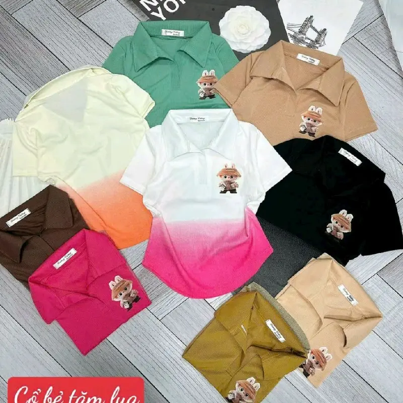 áo thun loang hình gấu  pom.ngắn cổ trụ  chất thun tăm lạnh co giản thoải mái  Nữ 5