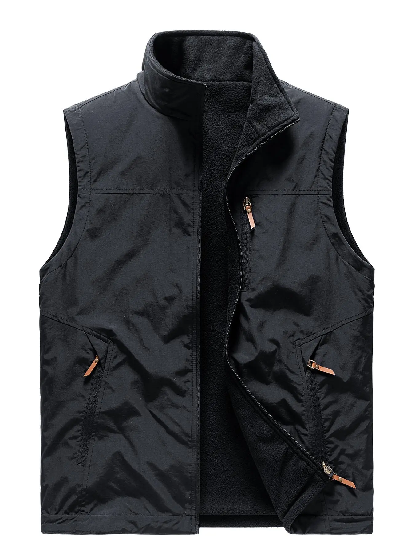 Men's Solid Zip Up Funnel Neck Vest, Regular Fit Casual Pocket Design Sleeveless Outerwear for Fall & Winter, Men's Clothes for Daily Wear