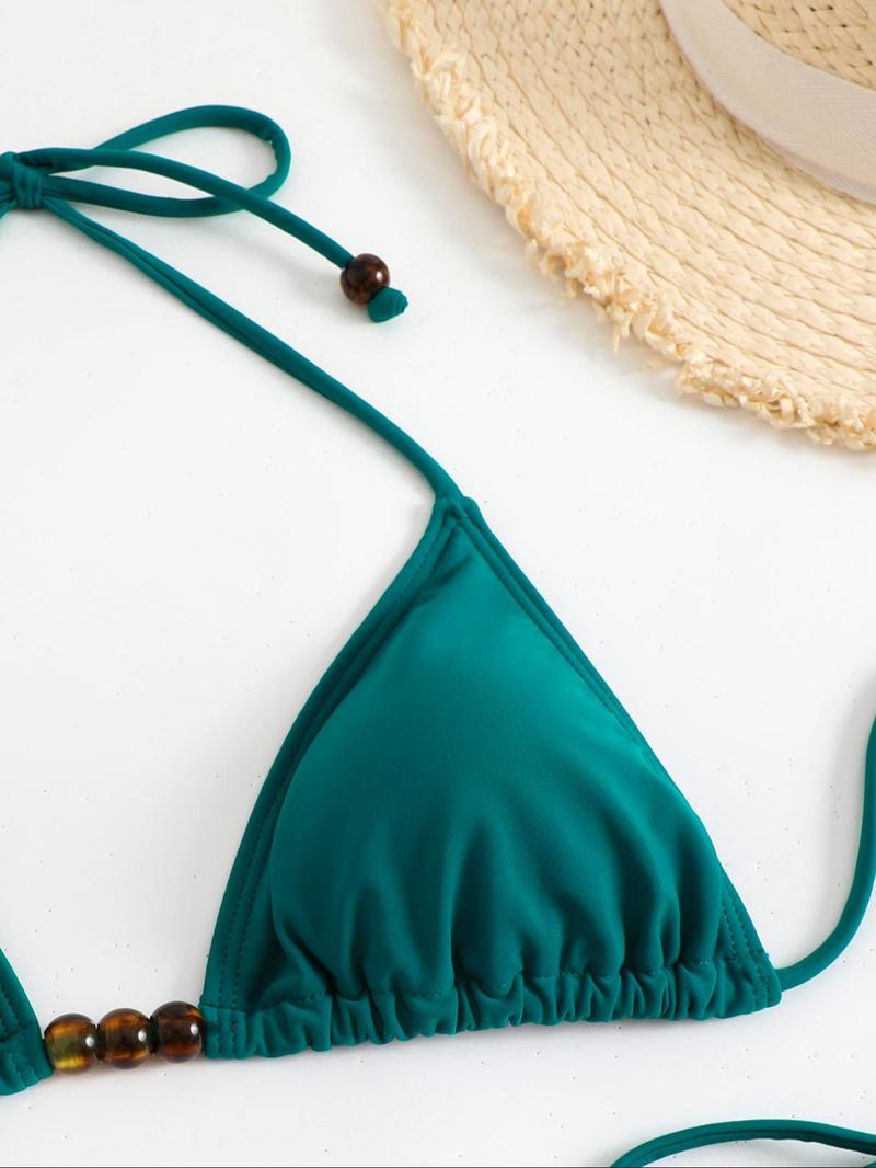 Product Introduction of Two-Piece Set Women's Solid Beaded Tie Back Bikini Set, Boho Fashion Halter Triangle Swim Top & Tie Side Swim Bottom for Beach Holiday Vacation, Ladies Summer Clothes 3