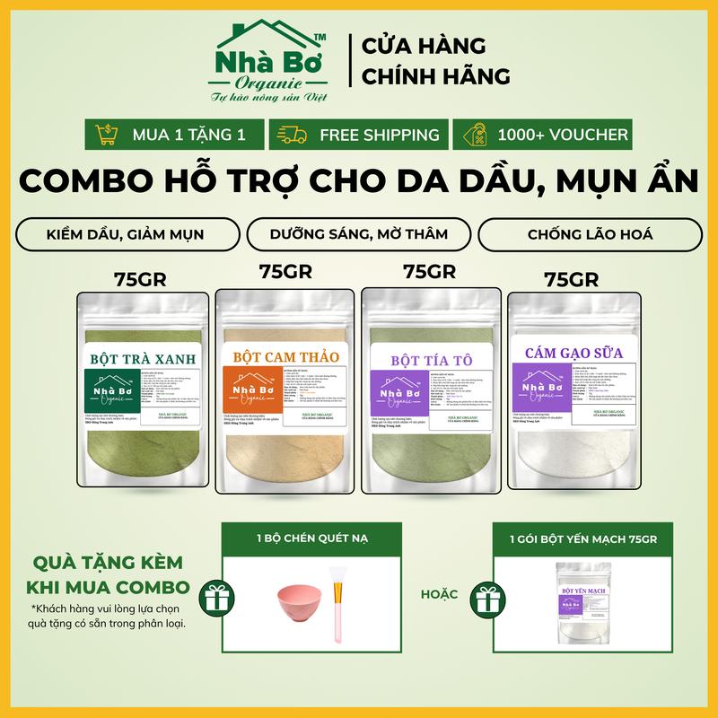 [MUA 1 TẶNG 1] Combo 4 gói x 75g [Bột Trà Xanh + Bột Cam Thảo + Bột Tía Tô + Bột Cám Gạo Sữa] Hỗ trợ giảm mụn, kiểm soát dầu thừa | Nhà Bơ Organic