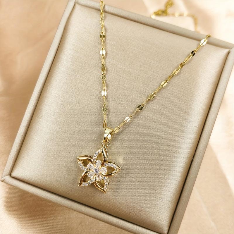 Product Introduction of 1pc Golden Stainless Steel Rotating Hollow Flower Pendant Necklace, Men's Retro Versatile Necklace, For Daily Party Wear, father's day gift 19