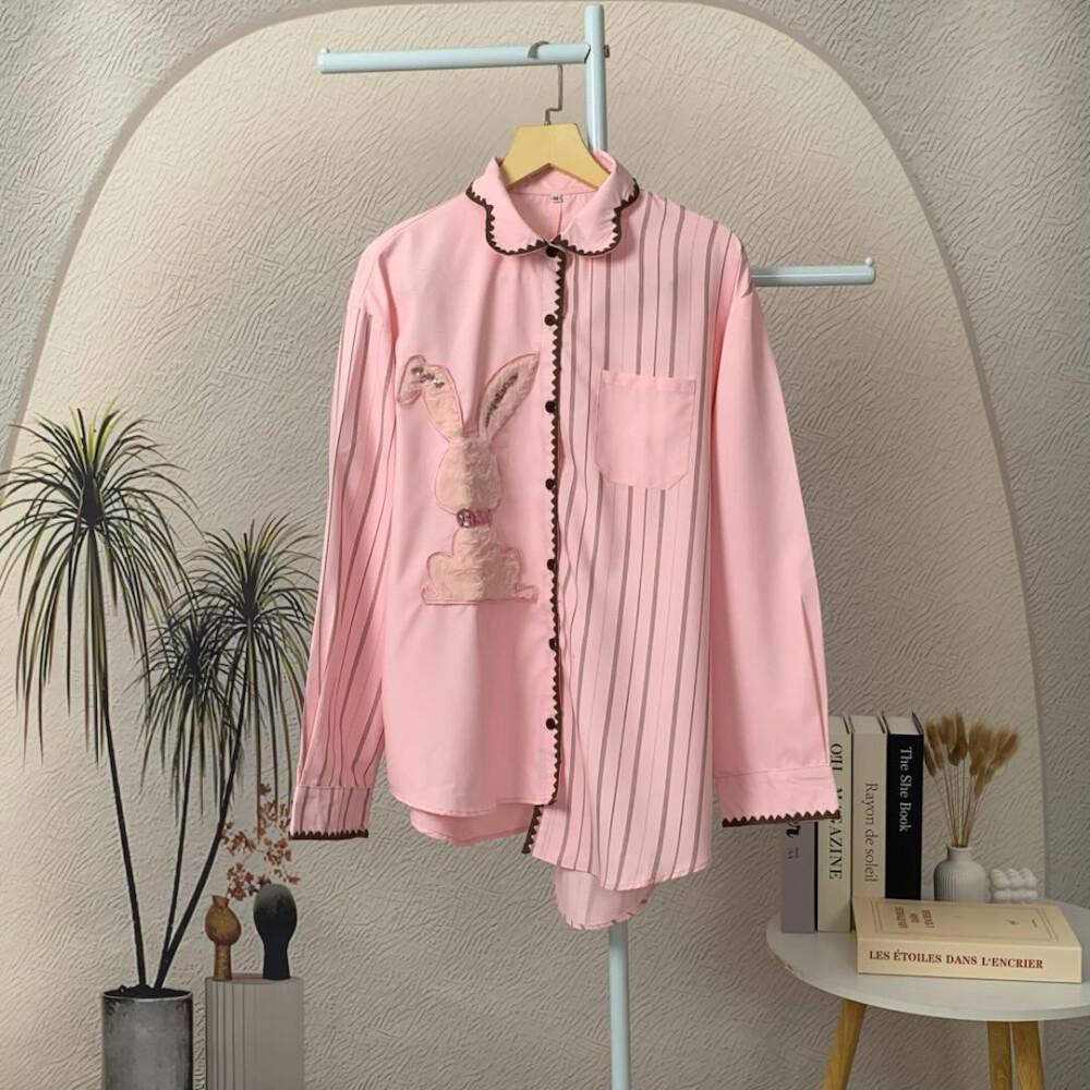 [NEW]CHICMORE Kemeja lengan panjang kancing tunggal gaya Korea baru dengan garis-garis dan tambalan dekoratif