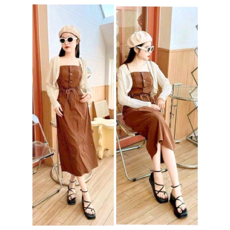 Set đầm hai dây dáng suông có dây rút eo kèm khoác ren trẻ trung siêu xinh
