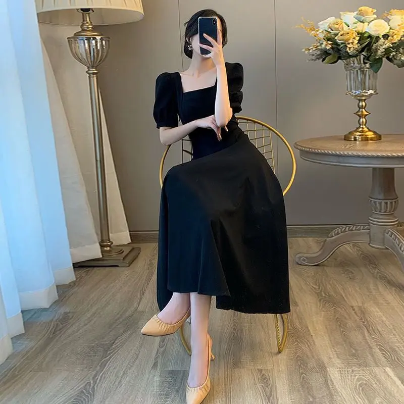 Váy Dài Nữ, Phong Cách Hàn Quốc, Trang Trọng Và Thanh Lịch, Dáng Ôm, Váy Trắng, ngắn Tay, Hình Vuông, Thích Hợp Cho Váy Áo Choàng Nữ, Quần Áo Nữ, Váy Phù Hợp Với Váy Nữ, Thoải Mái, wwf Voi Voan Dress Đen 2
