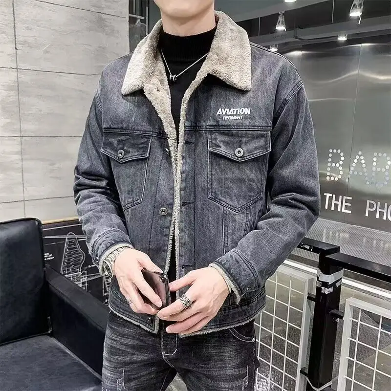 Áo Khoác Denim Len Cừu, Mùa Đông, Dành Cho Nam Giới, Phong Cách Hàn Quốc, Lông Cừu Hợp Xu hướng, Đệm Lót, Giữ Nhiệt, Quần Áo Bông Mỹ, Áo Khoác Nam 5