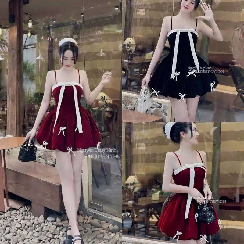 Đầm đỏ Noel, Tết - Đầm dây nhung bồng bí phồng đính nơ nhỏ xinh có sẵn lót quần 0