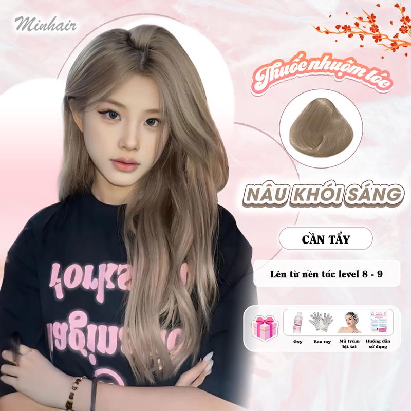 Thuốc nhuộm tóc Nâu Khói Sáng cần tẩy tặng kèm oxi trợ dưỡng và bao tay, trùm đầu, bịt tai  Nữ Đổi Màu Tóc Women