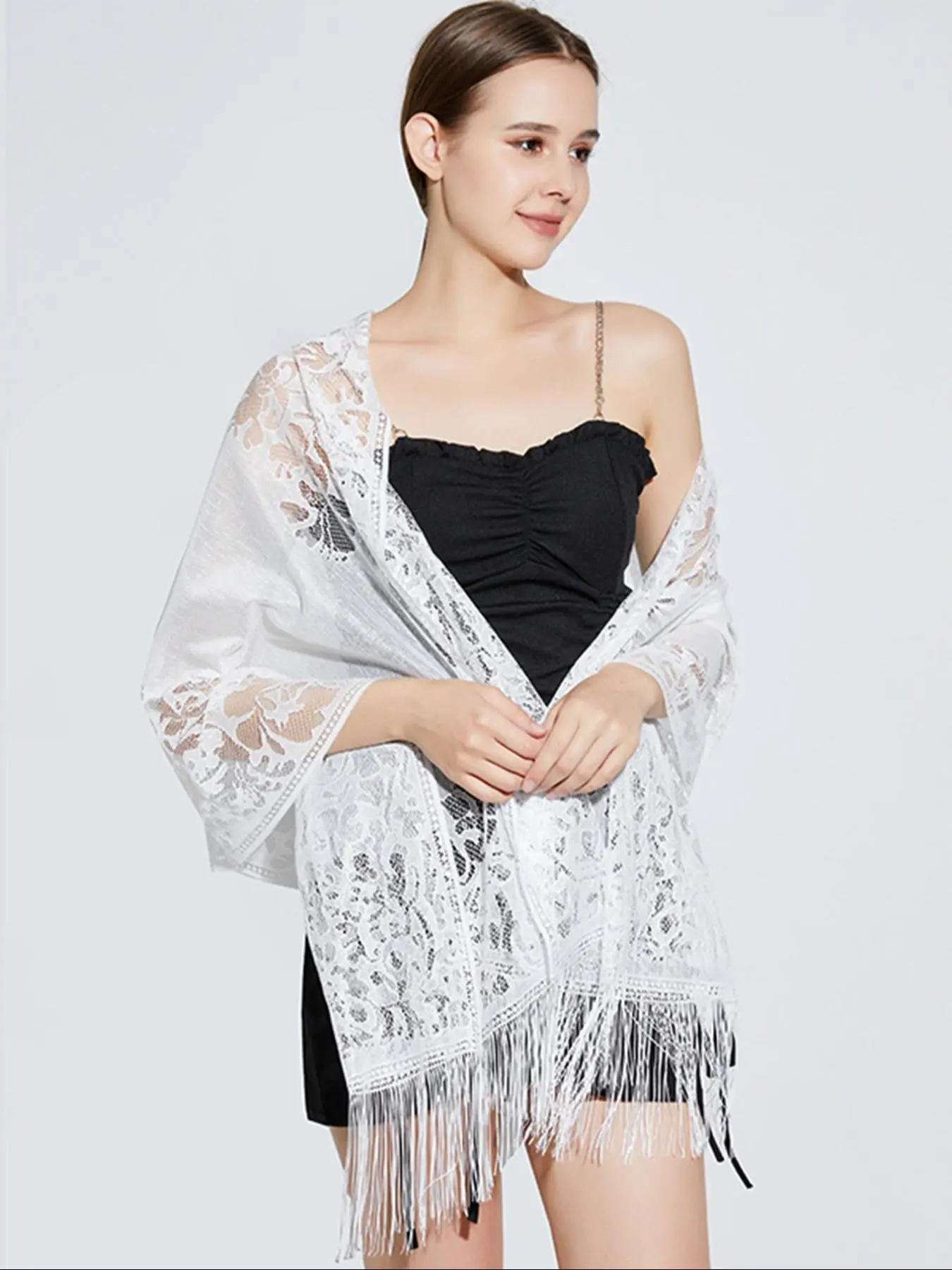 Women's Floral Lace Fringe Trim Shawl, Elegant Long Scarf for Wedding Party Evening, Fashion Accessories for Women