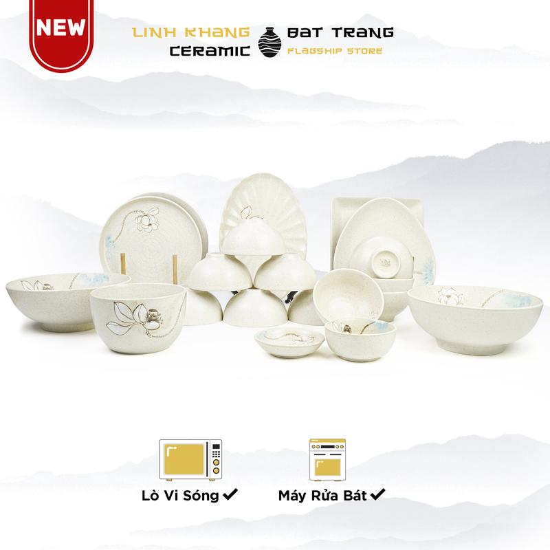 Bộ Bát Đĩa Bạch Liên Hoa Men Tiêu Kem - Gốm Sứ Bát Tràng Linh Khang