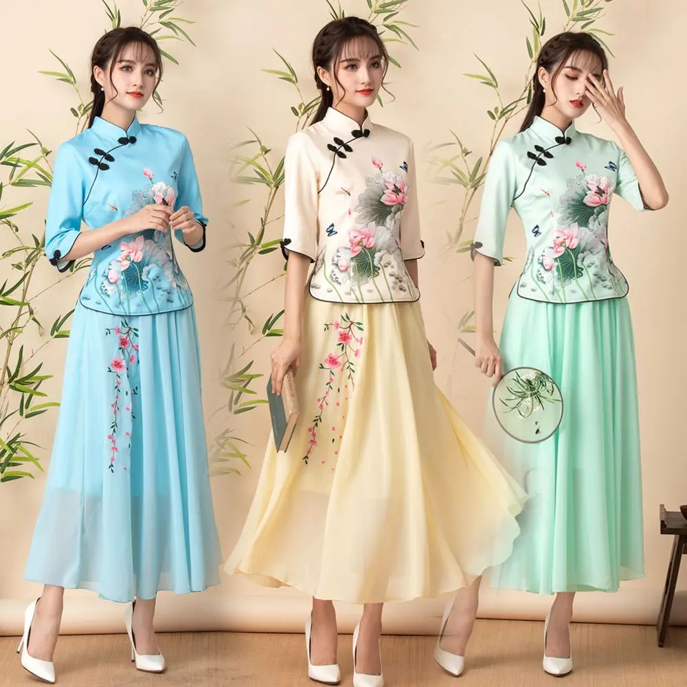 Half Sleeve Full Set Summer Daily Retro Improved Cheongsam Tang Suit Half Sleeve Top Chinese Mom Wear Suit Square Dance