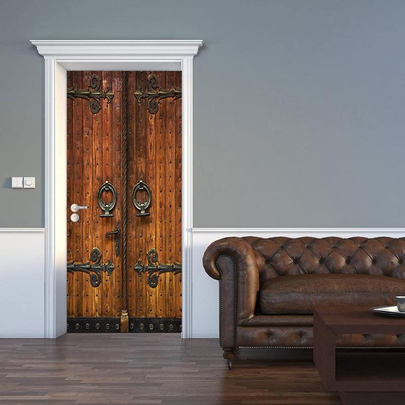 Vintage Door Pattern Door Sticker, 2pcs/set Removable Waterproof Door Sticker, Self-adhesive Wall Decal, Wall Decor for Home Living Room Bedroom, Home Decor 2
