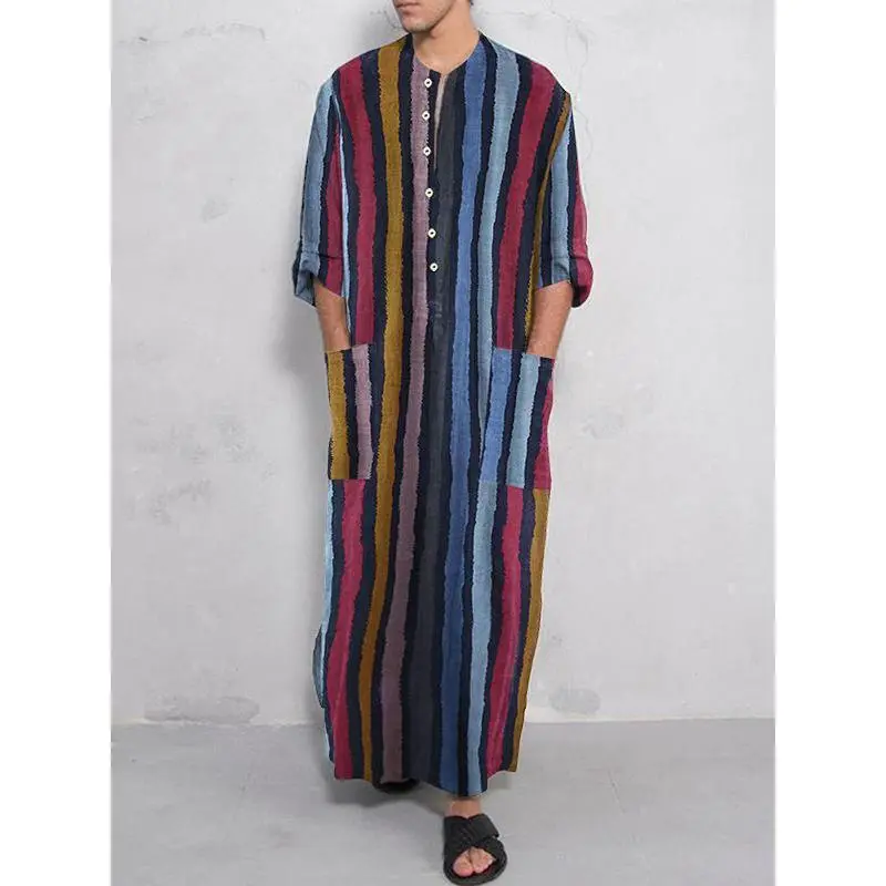 Muslim Dress Muslim Festival Clothing Perfect for Cultural Activities, Daily Wear, Perfect for Fast Month and Eid Al-Fitr Celebration, 2025 New, Middle East Dress, Long Sleeve Jumpsuit, Arab Men's Clothing, Striped Print, Men's Muslim Robes