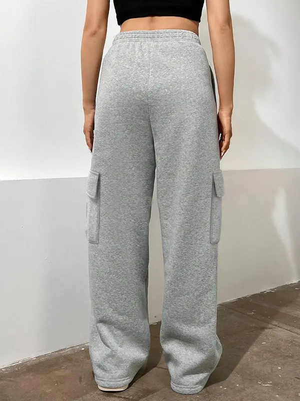 Women's Plain Flap Pocket Cargo Sweatpants, Casual Streetwear Straight Leg Trousers for Daily Wear, Ladies Bottoms for Fall & Winter 1