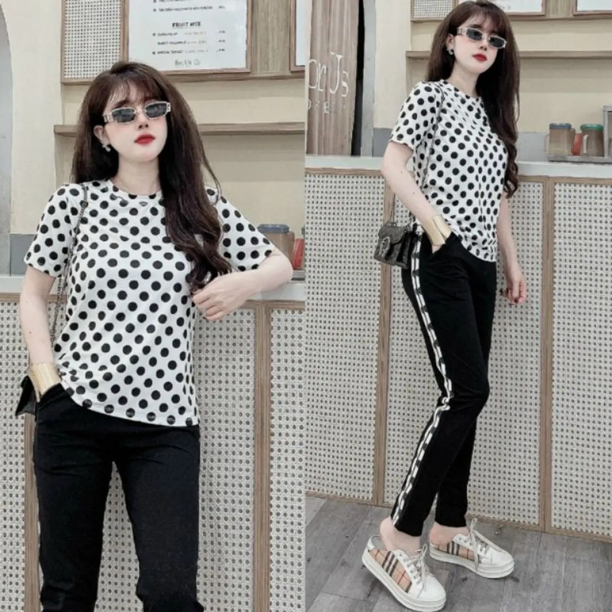 Bộ đồ nữ phối họa tiết chấm bi siêu xᶖnh có bigsize mẫu mới Cotton Women