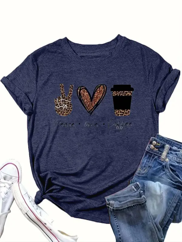 【Plus Size】 Cartoon Coffee Cup & Heart Print Round Neck Tee, Fashion Casual Crew Neck Short Sleeve T-Shirt for Daily Outdoor Wear, Women Clothing for Summer 0