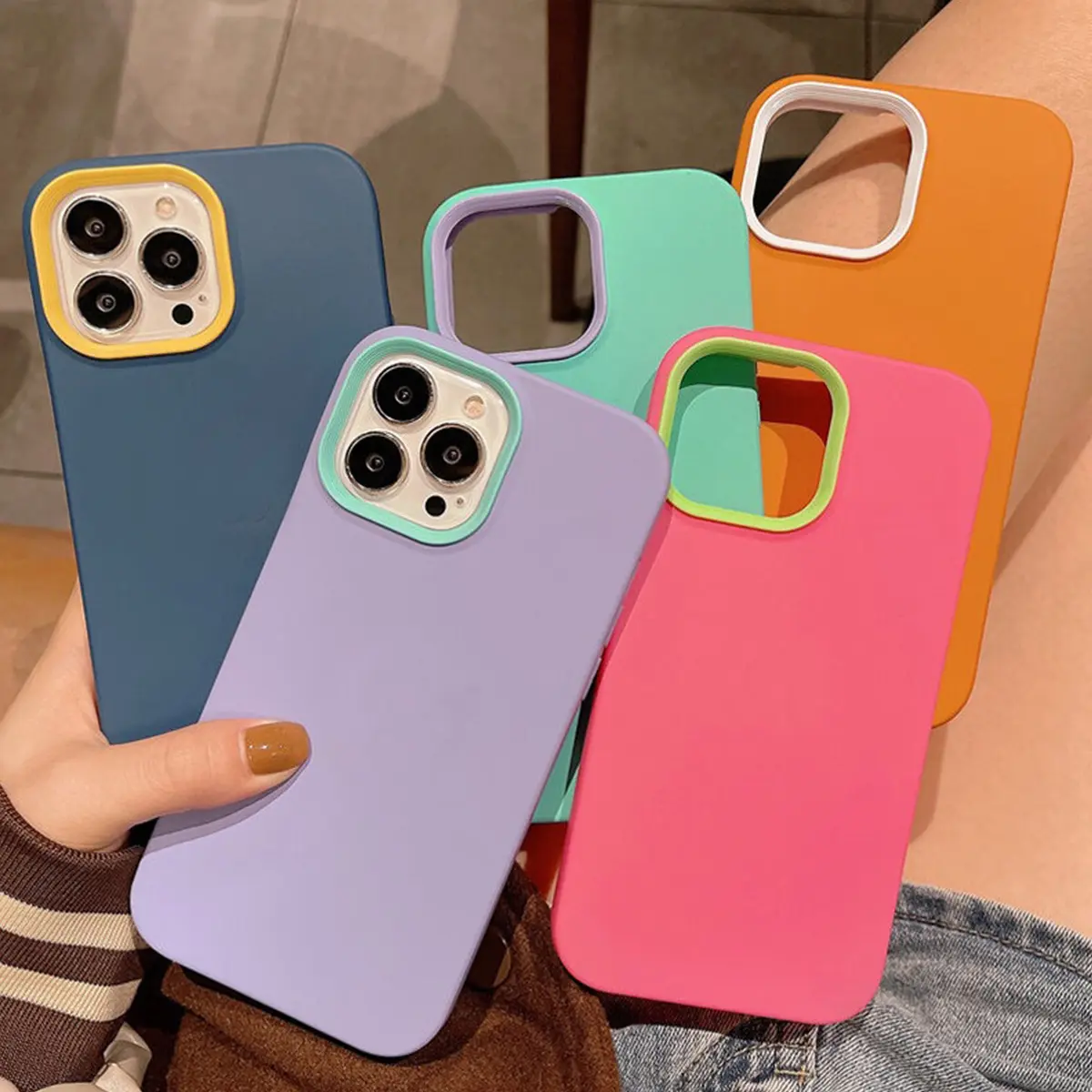 3 in 1 ซิลิโคนเหลวนุ่มเคสประกบสีพื้น สำหรับ for iPhone 16 15 14 Pro Max 13 12 11 Pro Max X XR XS Max 7 8 Plus SE 2020 2022 โทรศัพท์
